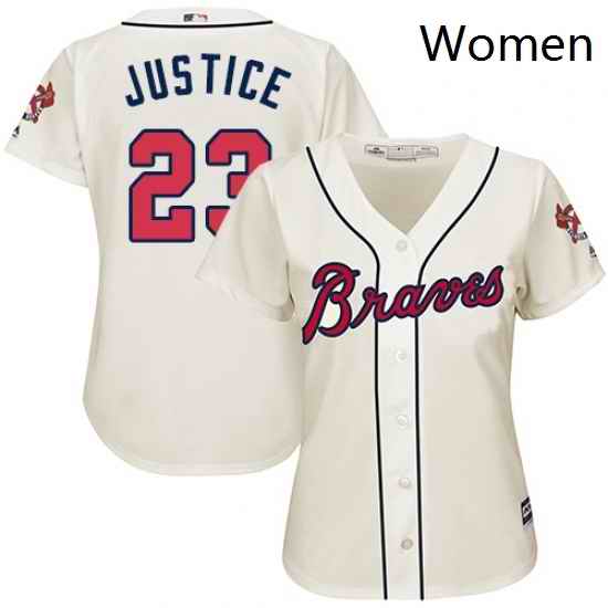Womens Majestic Atlanta Braves 23 David Justice Authentic Cream Alternate 2 Cool Base MLB Jersey
